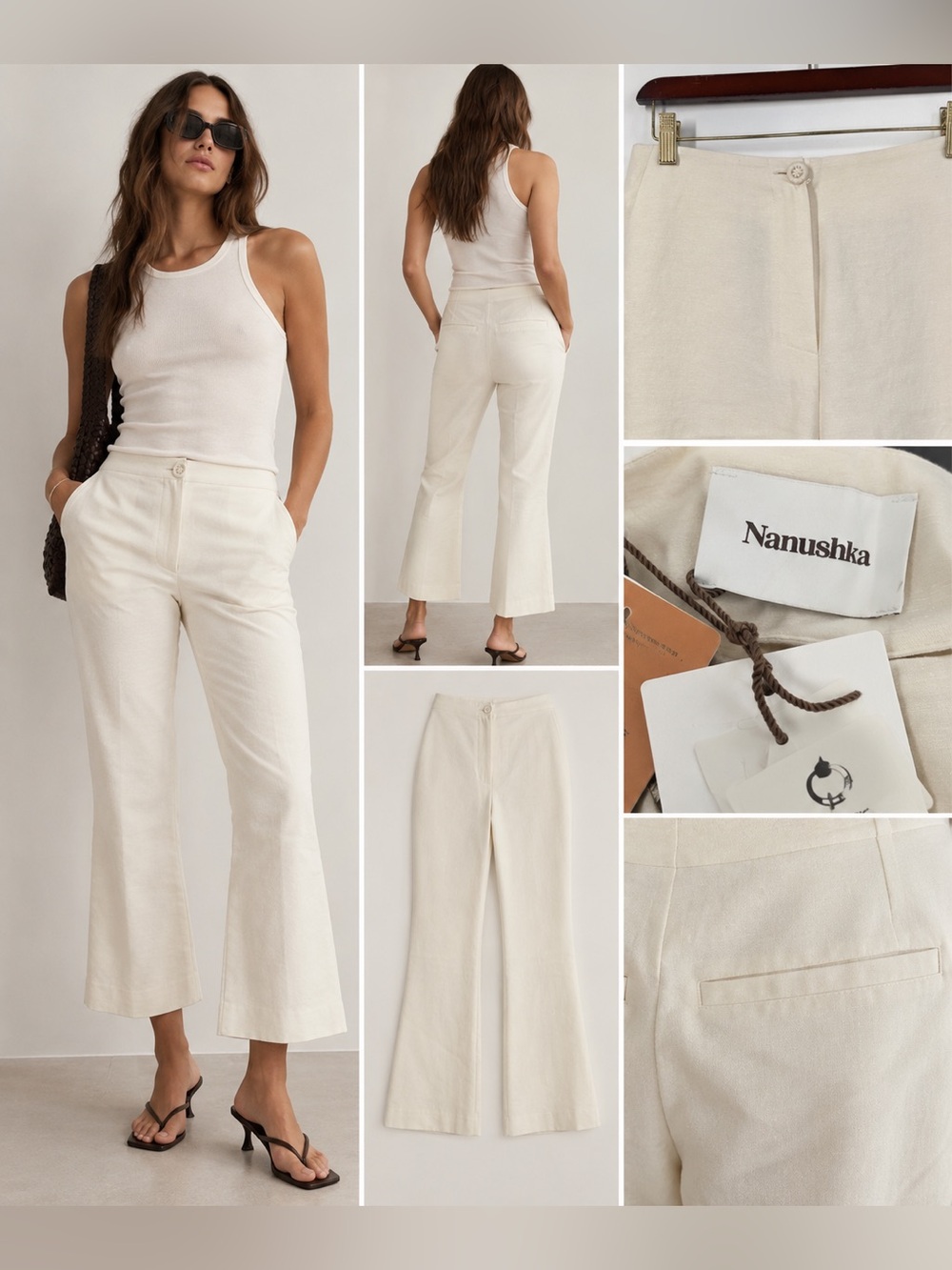 NWT Nanushka Beata Creme Slub Kick Flare Trousers Pants, Medium
